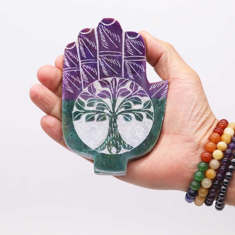 Saponitový držák na kadidlo Hamsa Střední 13x9 cm - Strom života