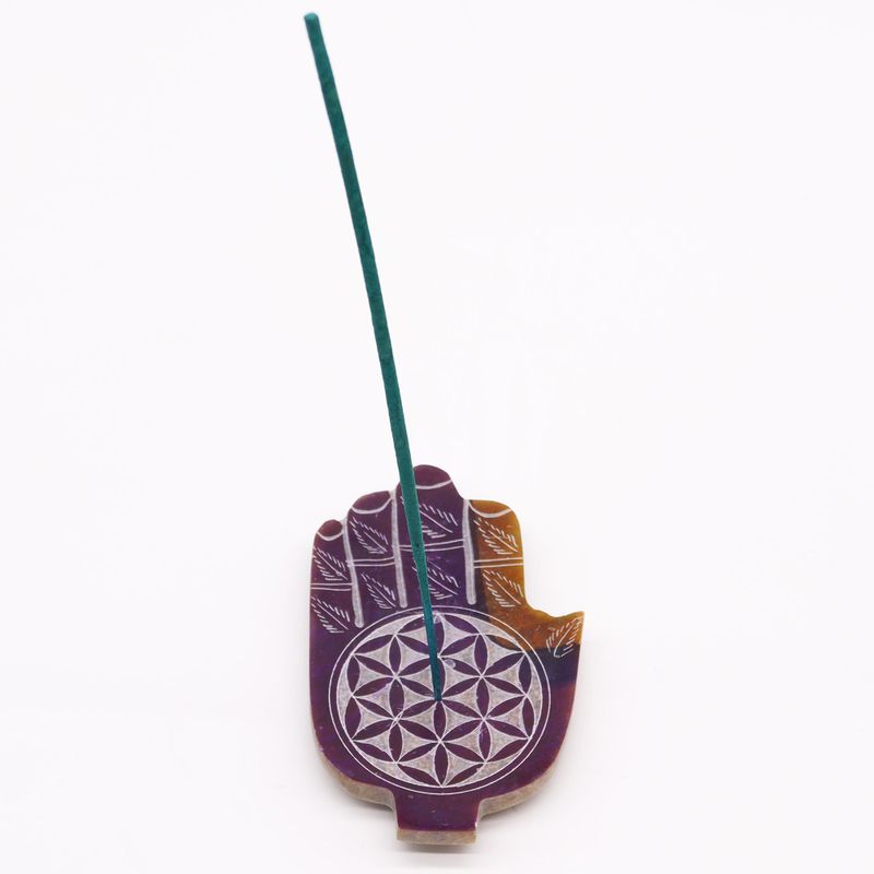 Mýdlový kámen Střední Hamsa držák na kadidlo 13x9 cm - Květ života
