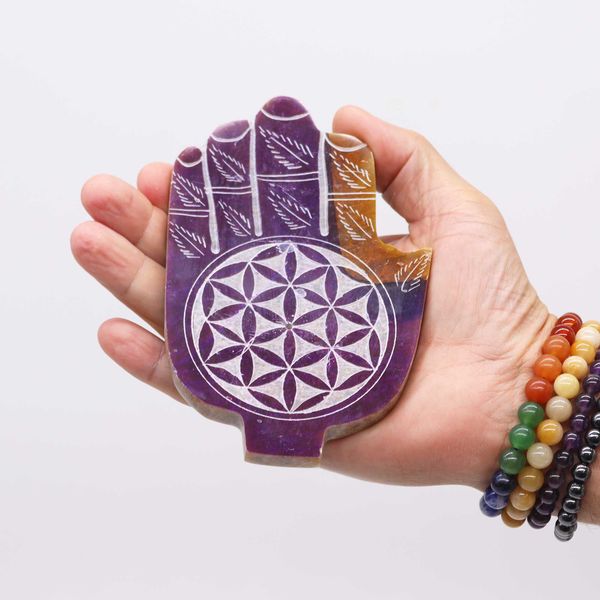 Mýdlový kámen Střední Hamsa držák na kadidlo 13x9 cm - Květ života