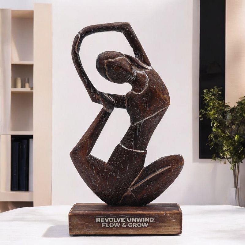 Dřevěná Yoga Lady Figurka - Antická - Otočná Pozice - "Revolve Unwind - Flow & Grow"