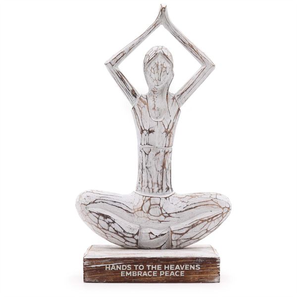 Dřevěná Yoga Lady Figurka - Bílá Vymývaná - Pozice Ruce Nahoru - "Hands to the Heavens Embrace Peace"
