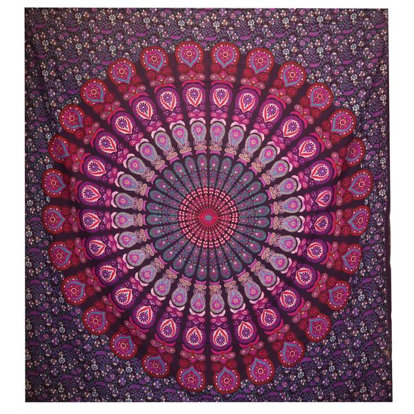 Dvojitý Bavlněný Přehoz na Postel / Nástěnný Závěs - Páví Mandala - Fialová