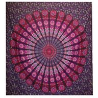 Dvojitý Bavlněný Přehoz na Postel / Nástěnný Závěs - Páví Mandala - Fialová