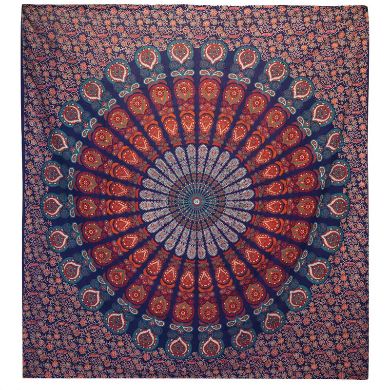 Dvojitý Bavlněný Přehoz na Postel / Nástěnný Závěs - Páví Mandala - Modrá