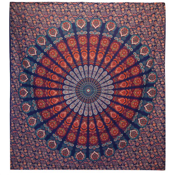 Dvojitý Bavlněný Přehoz na Postel / Nástěnný Závěs - Páví Mandala - Modrá