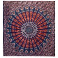 Dvojitý Bavlněný Přehoz na Postel / Nástěnný Závěs - Páví Mandala - Modrá