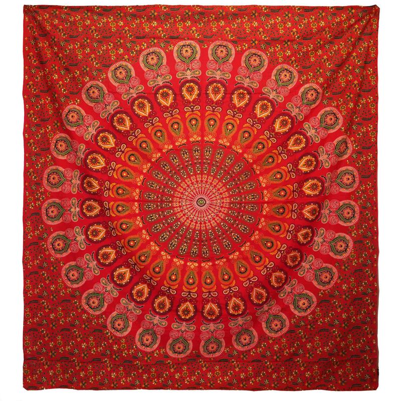 Dvojitý Bavlněný Přehoz na Postel / Nástěnný Závěs - Páví Mandala - Červená