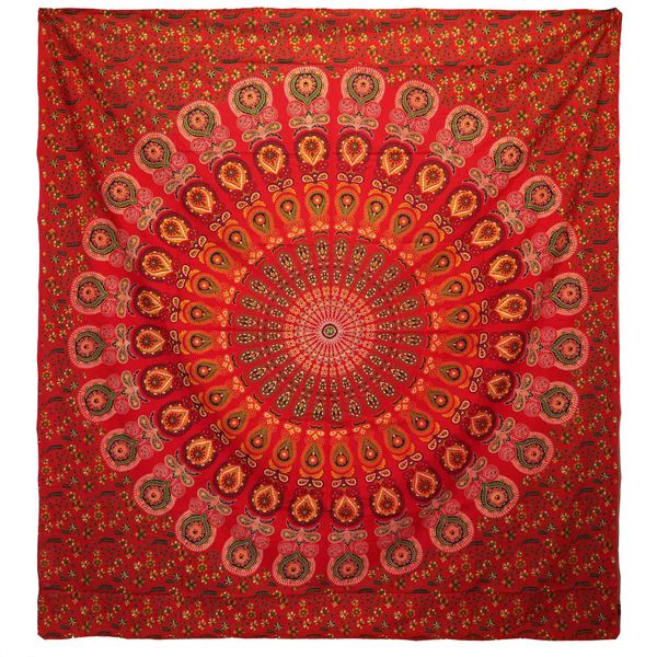 Dvojitý Bavlněný Přehoz na Postel / Nástěnný Závěs - Páví Mandala - Červená