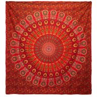 Dvojitý Bavlněný Přehoz na Postel / Nástěnný Závěs - Páví Mandala - Červená