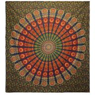 Dvojitý Bavlněný Přehoz na Postel / Nástěnný Závěs - Páví Mandala - Zelená
