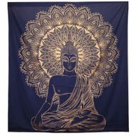 Dvojitý Bavlněný Přehoz na Postel / Nástěnný Závěs - Buddha - Modře Zlatá
