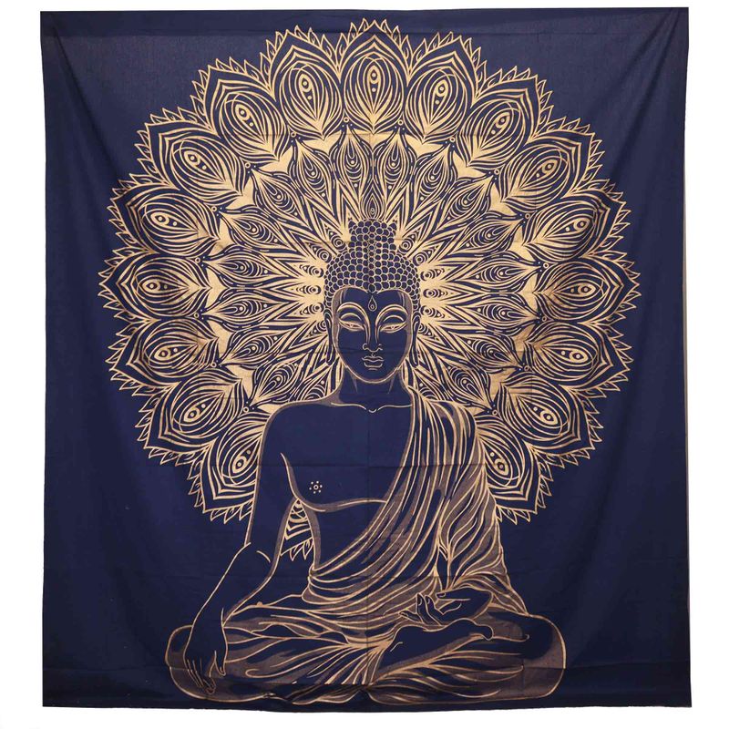 Dvojitý Bavlněný Přehoz na Postel / Nástěnný Závěs - Buddha - Modře Zlatá