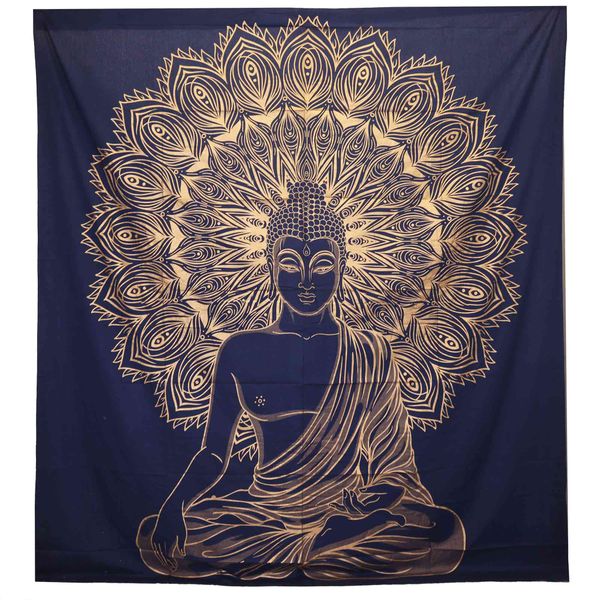 Dvojitý Bavlněný Přehoz na Postel / Nástěnný Závěs - Buddha - Modře Zlatá
