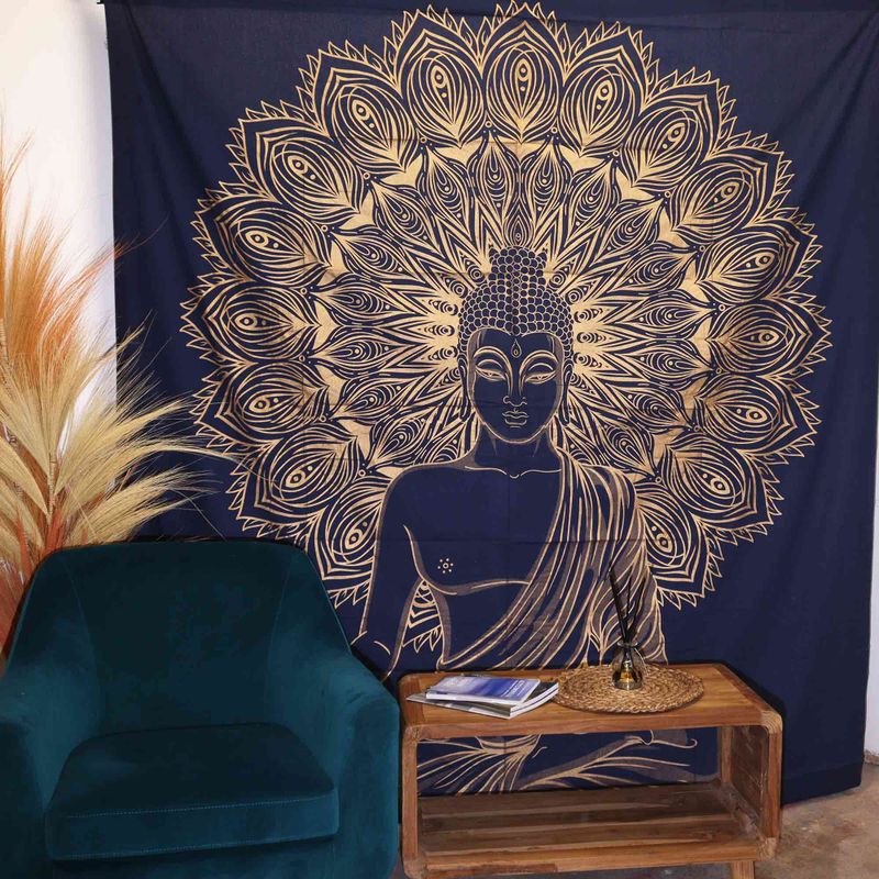 Dvojitý Bavlněný Přehoz na Postel / Nástěnný Závěs - Buddha - Modře Zlatá