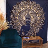 Dvojitý Bavlněný Přehoz na Postel / Nástěnný Závěs - Buddha - Modře Zlatá