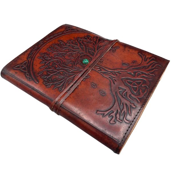 Velký Strom Života - Kožený Zápisník se Šňůrkou a Kamínkem - 20x16x2cm - 160 Stran