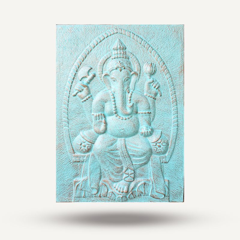 Velký Rám - Tyrkysový Reliéf Ganpati - 0.7x1m