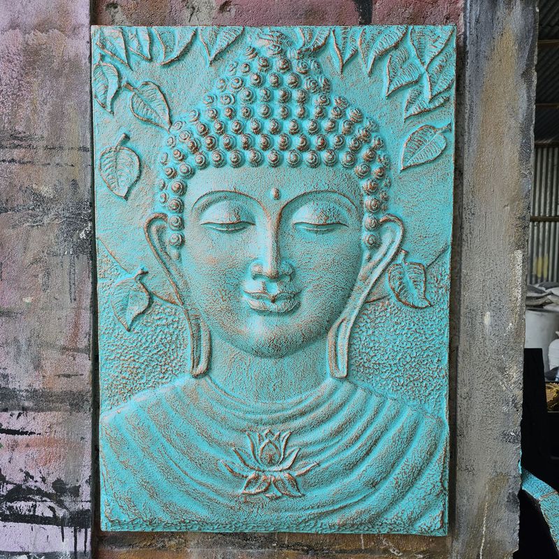 Velký Rám - Antický Tyrkysový Buddha Reliéf - 0.7x1m