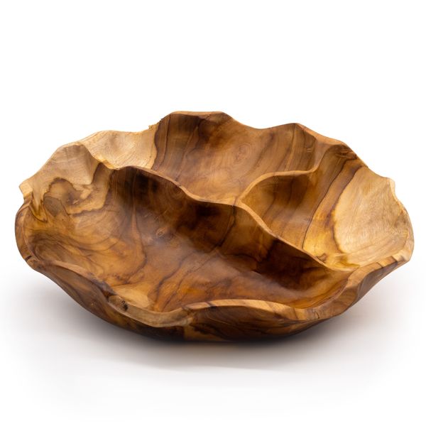 Hladká Kulatá Mísa na Ovoce z Teakového Dřeva se 3 Sekcemi - 30x5.5cm