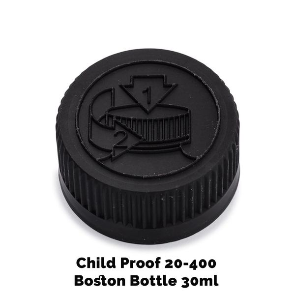 Uzávěr pro Jantarovou Bostonskou Lahev s Dětskou Pojistkou 20mm (pro 30ml - 60ml) - Černý Plastový