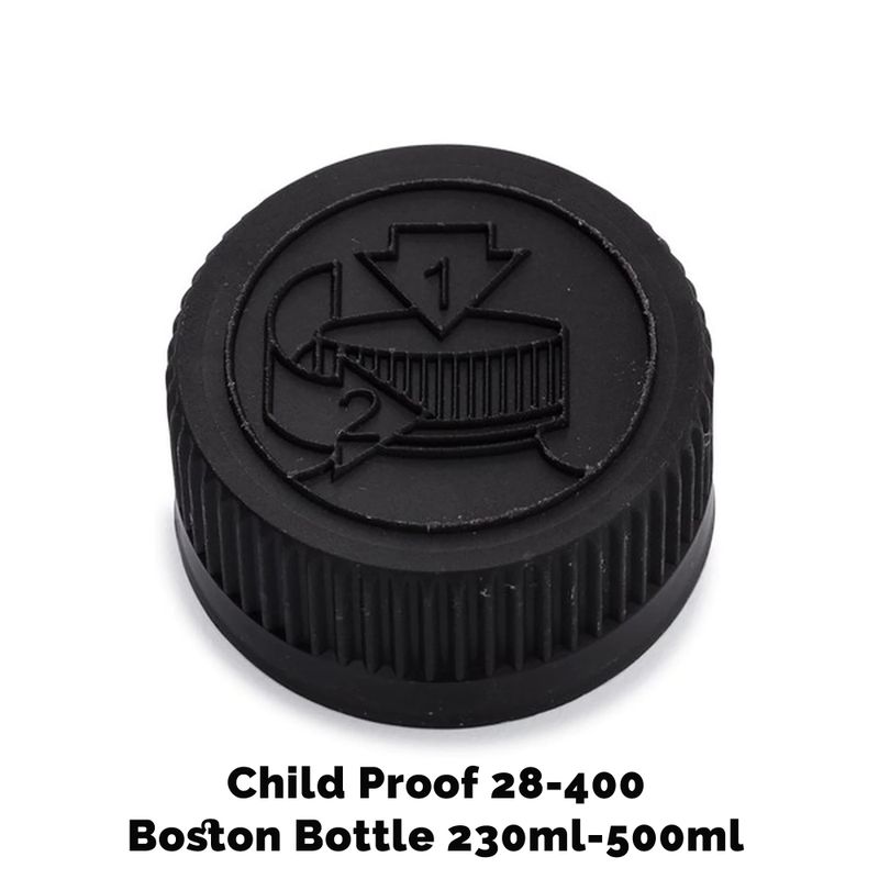 Uzávěr pro Jantarovou Bostonskou Lahev s Dětskou Pojistkou 28mm (pro 230ml & 500ml) - Černý Plastový