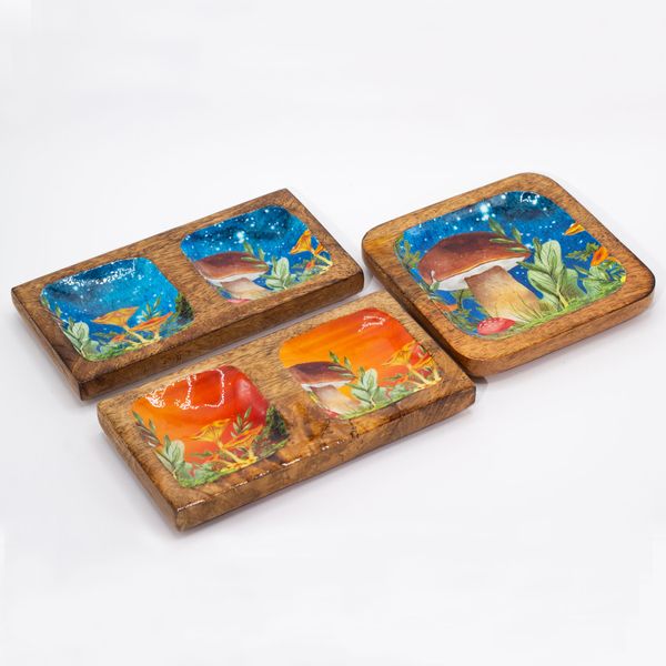 Velký Čtvercový Tác na Drobnosti 15x15x2.5cm - Hříbový Design - Modrozelený