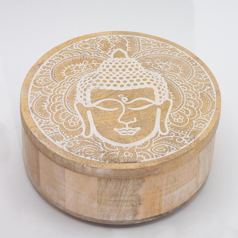 Velká Okrouhlá Krabička 17.5x7.5cm - Tvář Buddhy Bílá Vymývaná