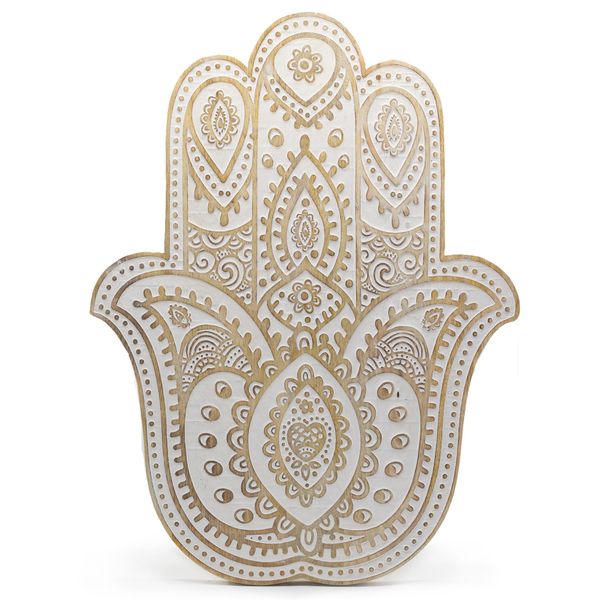Nástěnná Dekorace z Mangového Dřeva - Hamsa - Bílá Vymývaná 52cm