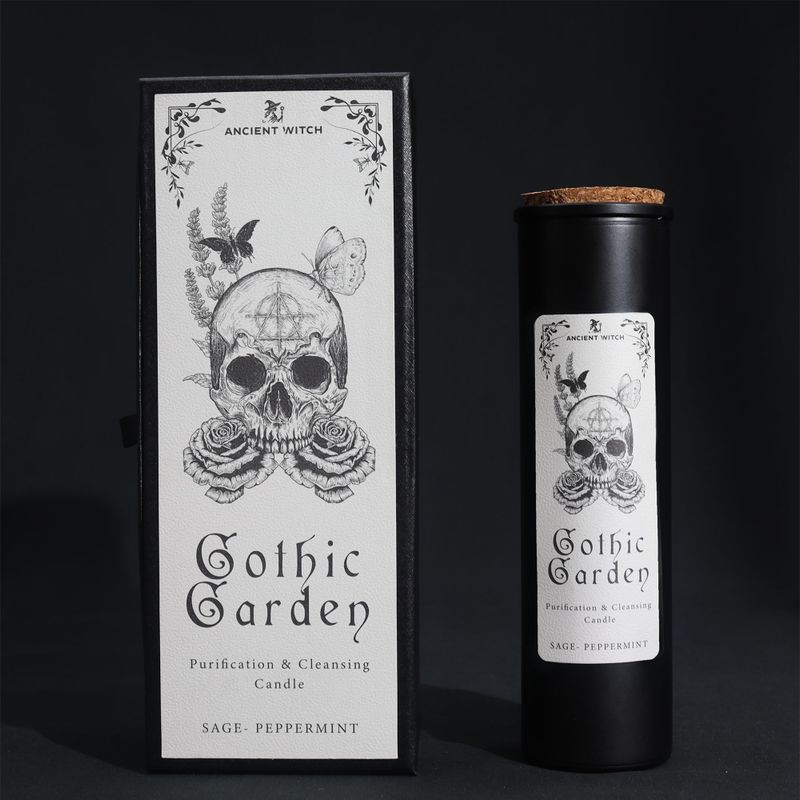 Gothic Garden rituální svíčka a dárková krabička s lebkou a růží na černém pozadí