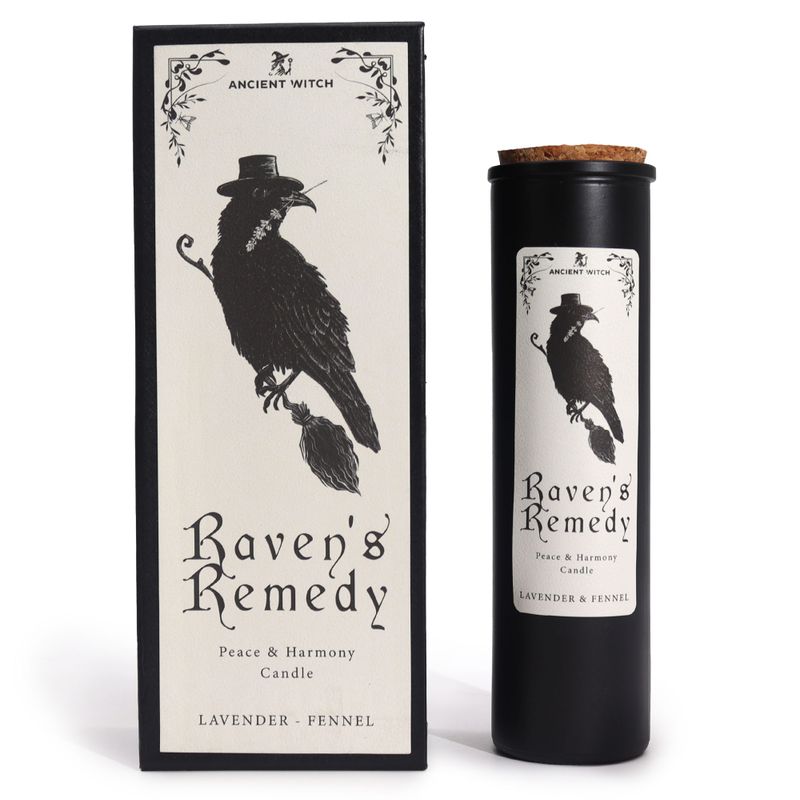 Raven's Remedy Starodávná čarodějnice rituální svíčka a odpovídající dárková krabička, přední pohled