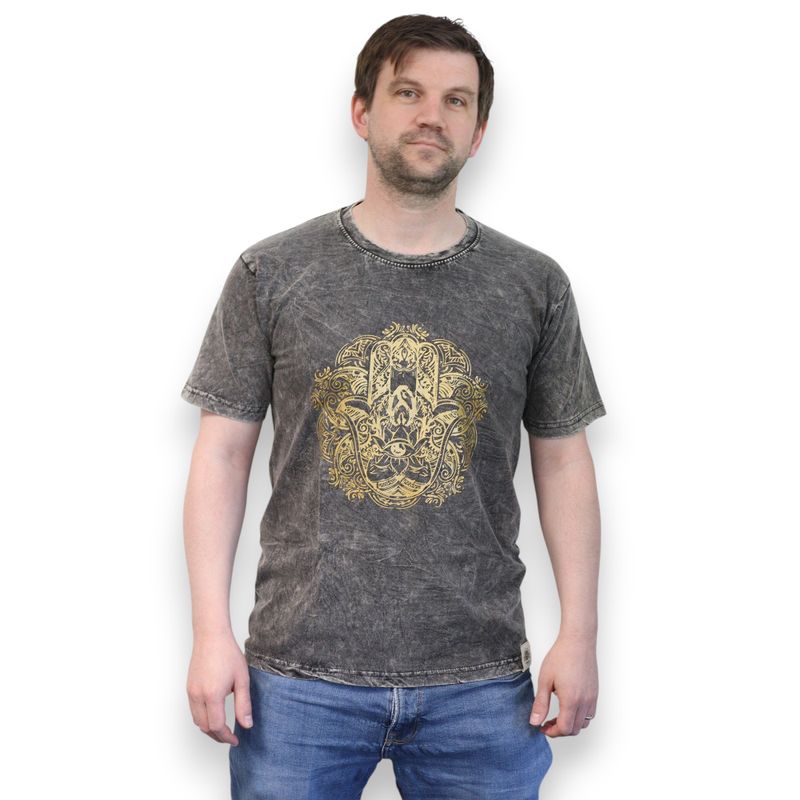 Střední Stone Washed Tričko - Hamsa - Tmavě Šedé