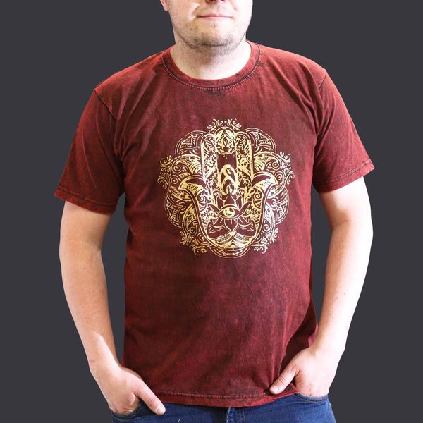 Extra Velké Stone Washed Tričko - Hamsa - Kaštanové