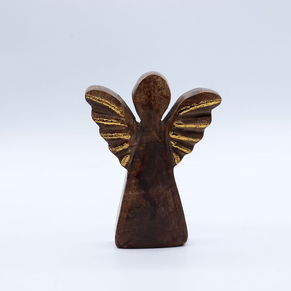 Malý Anděl z Mangového Dřeva - Zlatý Dekor - 12cm