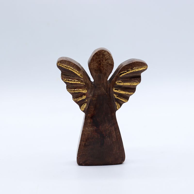 Malý Anděl z Mangového Dřeva - Zlatý Dekor - 12cm