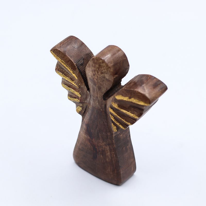 Malý Anděl z Mangového Dřeva - Zlatý Dekor - 12cm