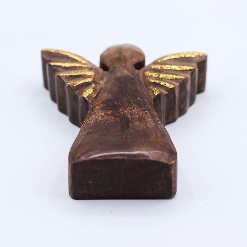 Malý Anděl z Mangového Dřeva - Zlatý Dekor - 12cm