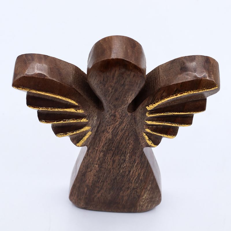 Velký Anděl z Mangového Dřeva - Zlatý Dekor - 19cm