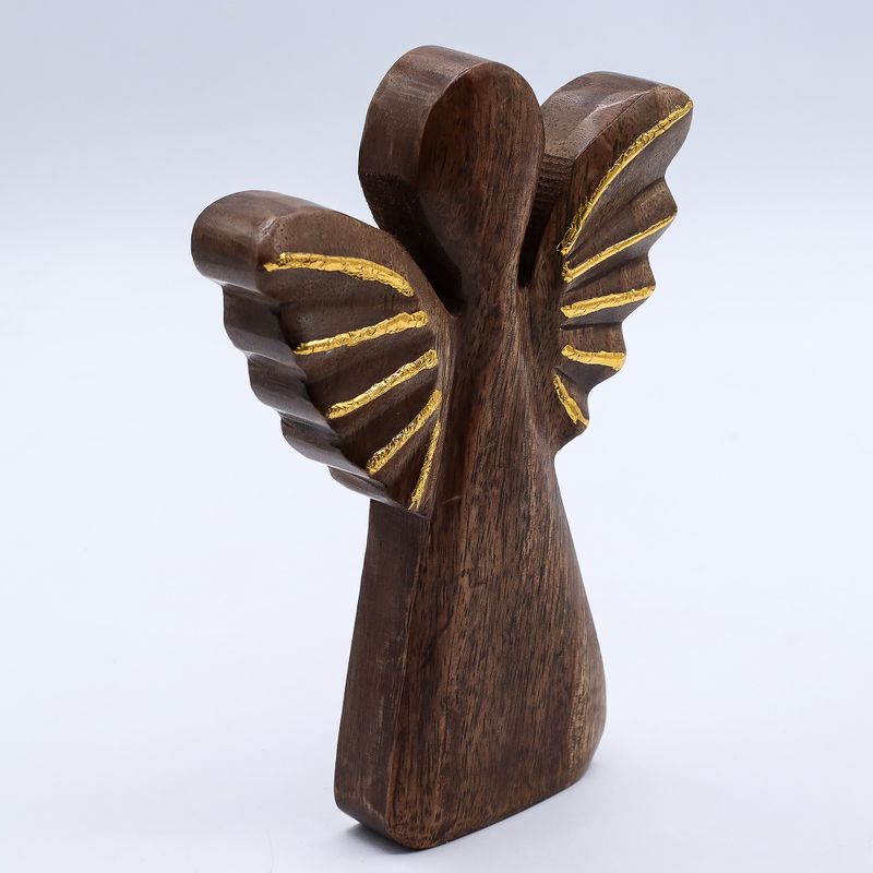 Velký Anděl z Mangového Dřeva - Zlatý Dekor - 19cm