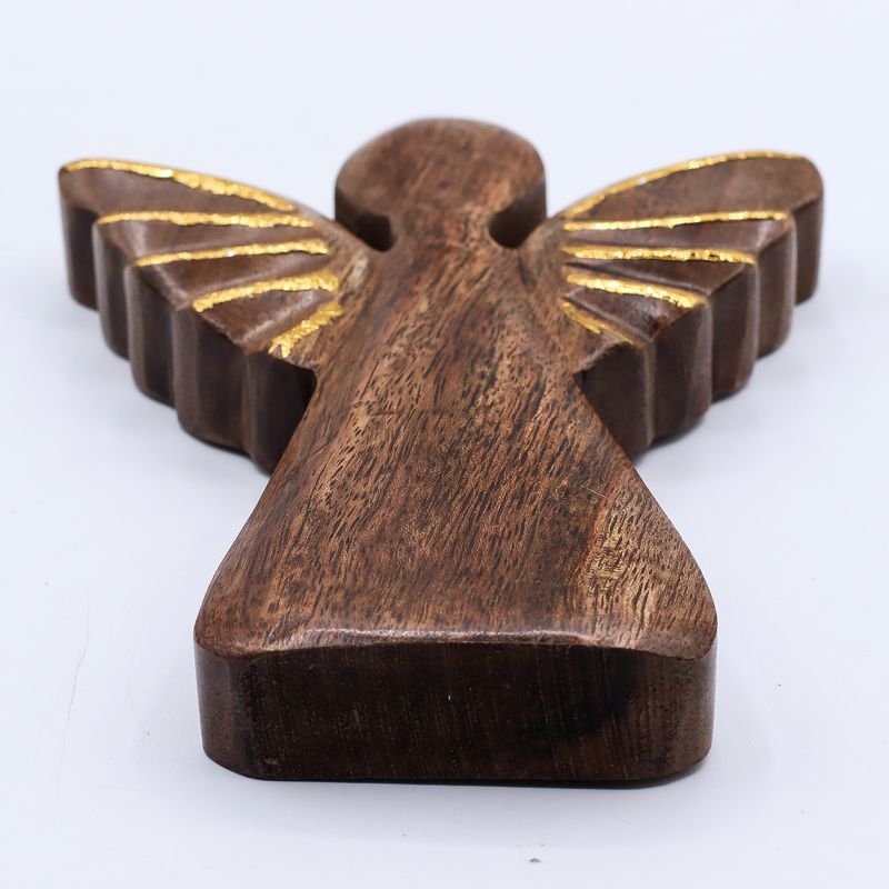 Velký Anděl z Mangového Dřeva - Zlatý Dekor - 19cm
