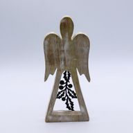 Anděl z Mangového Dřeva - Bílý Vymývaný s Kovovým Dekorem - 18cm