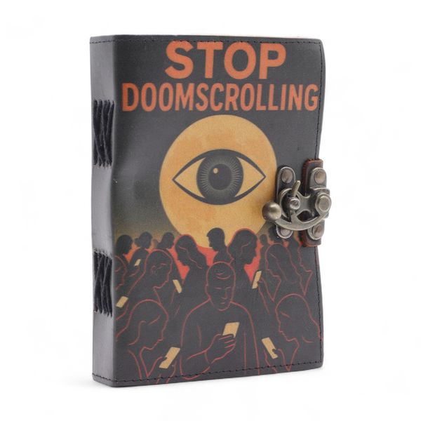 Kožený Zápisník s Potiskem (7x5") - Stop Doom Scrolling- 200 Čistých Stran