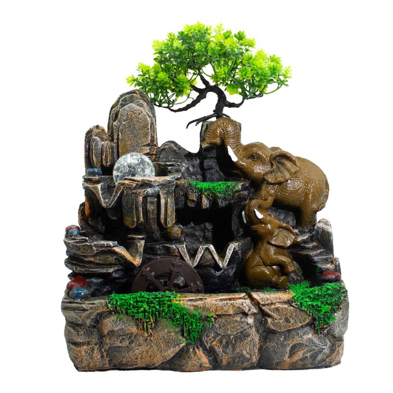 Stolní Fontána -30x20x35cm - Zamilovaní Sloni, Křišťálové Koule, Světlo & Vodní Mlýn