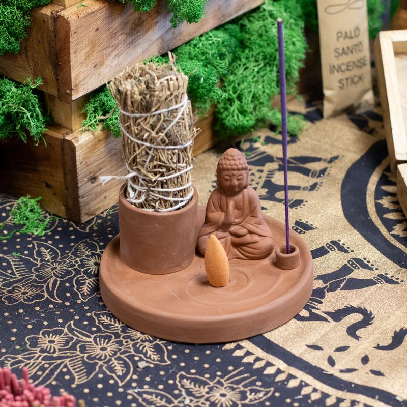 Víceúčelový Talíř pro Kadidla - Buddha - Naturální Terakotový Styl