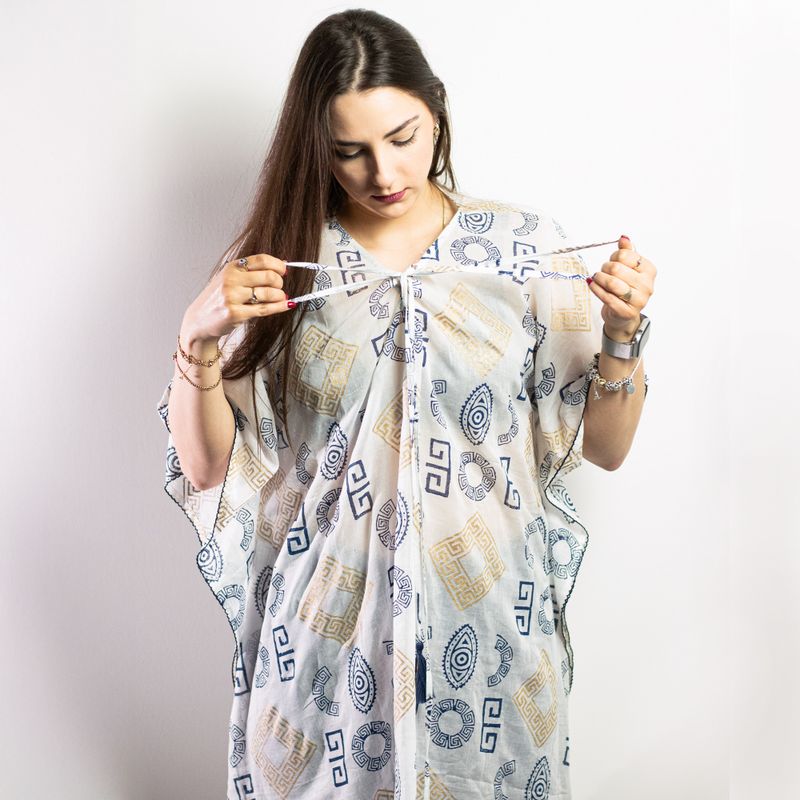Nomád Sari - Kaftan - Zlatý & Modrý Grécký Motiv - Ručně Malovaný