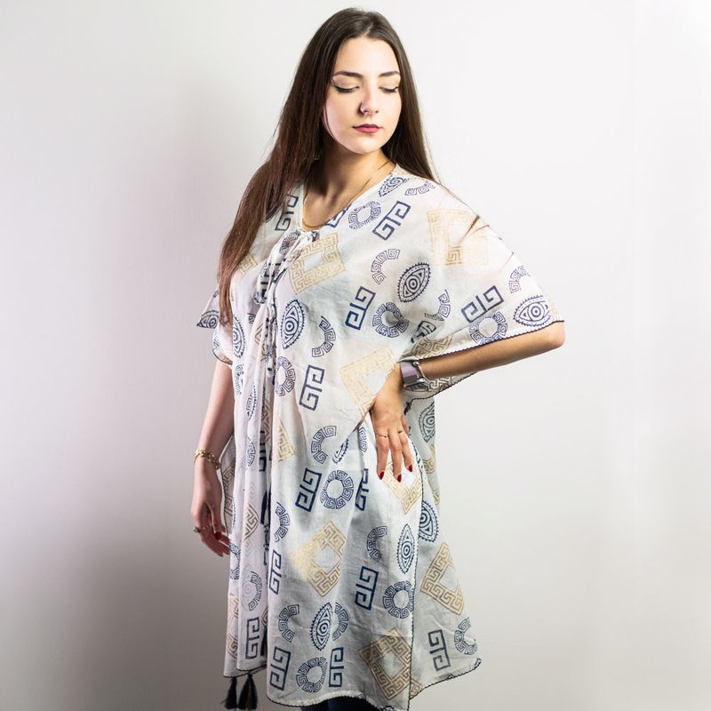 Nomád Sari - Kaftan - Zlatý & Modrý Grécký Motiv - Ručně Malovaný