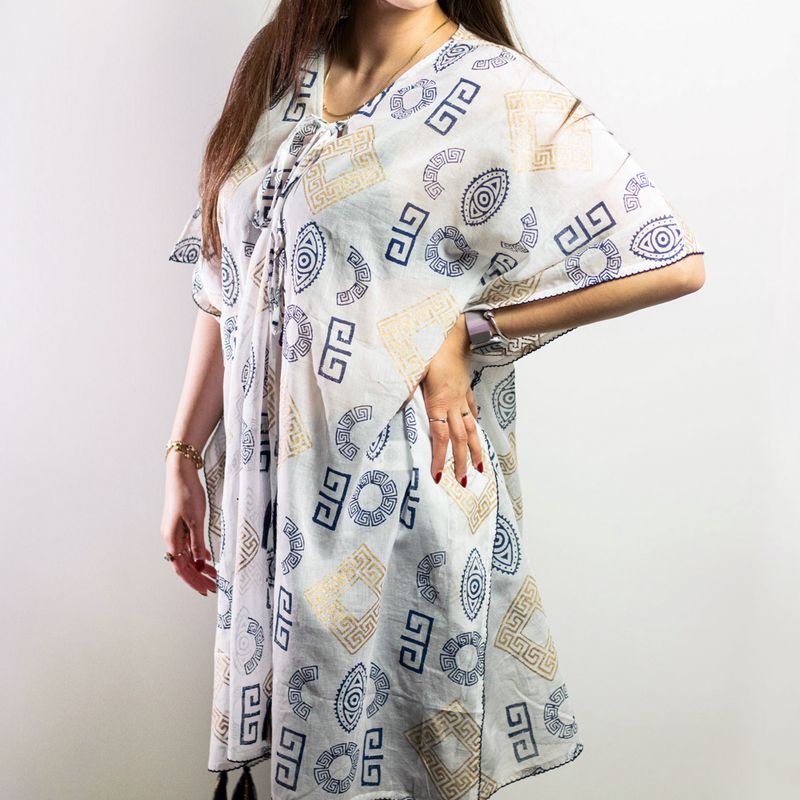 Nomád Sari - Kaftan - Zlatý & Modrý Grécký Motiv - Ručně Malovaný