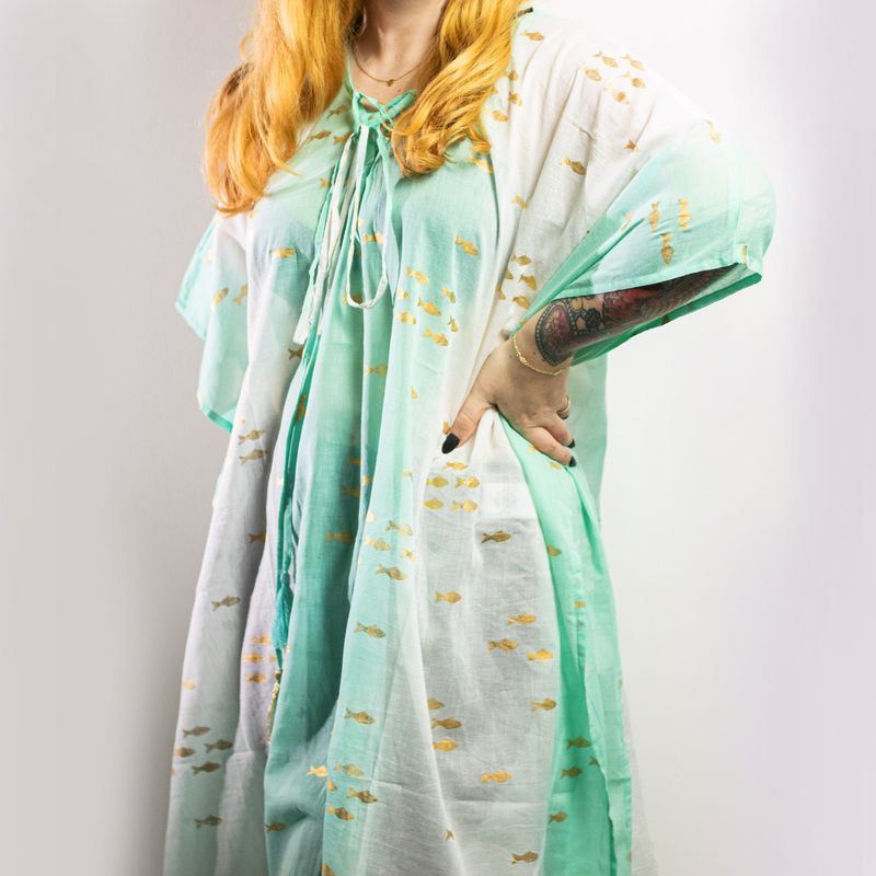 Nomád Sari - Kaftan - Bílý  & Tyrkysový - Design Zlaté Ryby