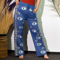 Nomád Sari - Společenské Kalhoty - Bohatá Modrá & Zlatá - Ručně Malovaný Design Zlého Oka