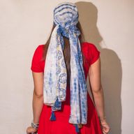 Nomad Sari  - Letní Šátek -  180x50cm - Marbella Potisk - Modrá se Zlatým Lemováním