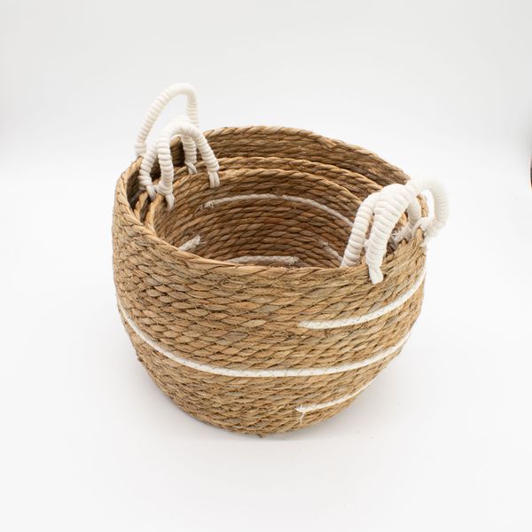 Velké košíky z bavlny a mořské trávy - Přírodní pruhy - sada 3 (32.5cm 29.5cm 24cm)